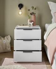 Nachtkommode >Pari< 3 Schübe, Weiß / Glas Weiß - 46x56x40cm (BxHxT)