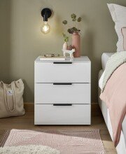Nachtkommode >Pari< 3 Schübe, Weiß / Glas Weiß - 46x56x40cm (BxHxT)