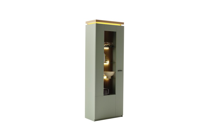 Vitrine >MONIZ< 1 Tür, LED, in Salbei grün / Eichenfarben Dekor - 70x197x38 (BxHxT)