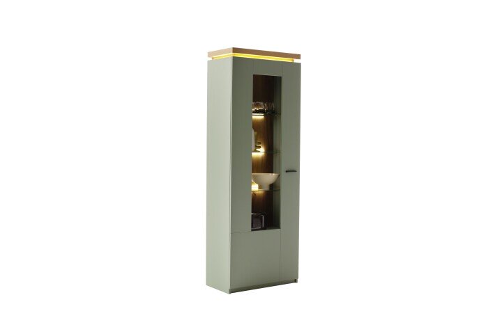 Vitrine >MONIZ< 1 Tür, LED, in Salbei grün / Eichenfarben Dekor - 70x197x38 (BxHxT)