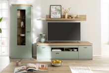 Vitrine >MONIZ< 1 Tür, LED, in Salbei grün / Eichenfarben Dekor - 70x197x38 (BxHxT)