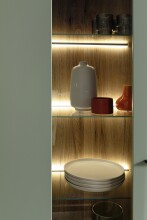 Vitrine >MONIZ< 1 Tür, LED, in Salbei grün / Eichenfarben Dekor - 70x197x38 (BxHxT)