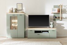 Highboard >MONIZ< 2 Türen, LED, in Salbei grün/ Eichenfarben Dekor - 98x144x38 (BxHxT)