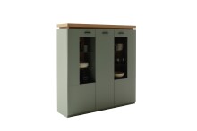 Stauraumvitrine >MONIZ<  3 Türen, LED, Salbei grün/ Eichenfarben Dekor - 138x144x38 (BxHxT)