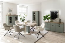 Stauraumvitrine >MONIZ<  3 Türen, LED, Salbei grün/ Eichenfarben Dekor - 138x144x38 (BxHxT)