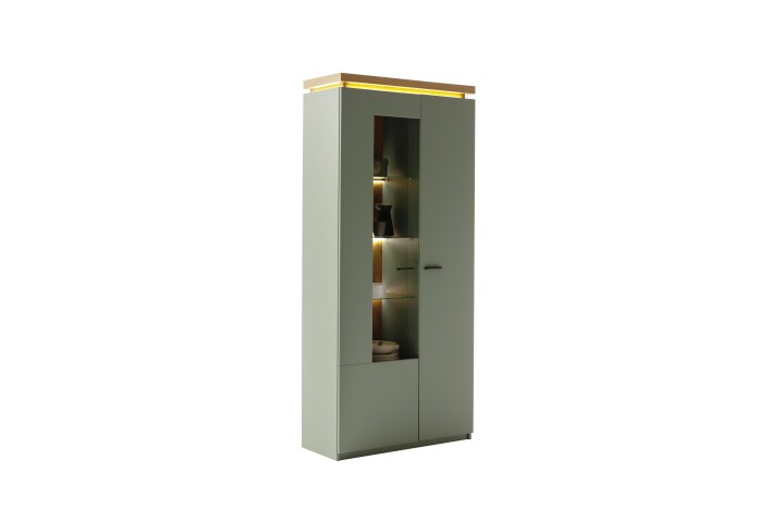 Stauraumvitrine >MONIZ< 2 Türen, LED, in Salbei grün / Eichenfarben Dekor - 88x197x38 (BxHxT)