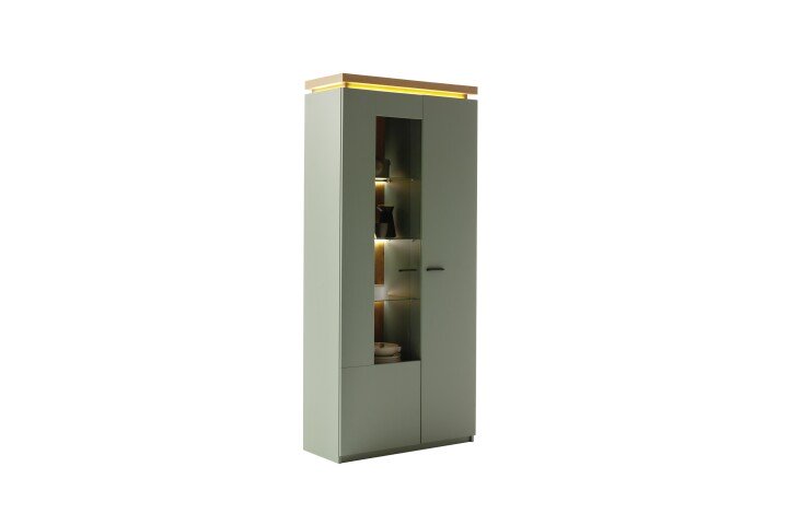Stauraumvitrine >MONIZ< 2 Türen, LED, in Salbei grün / Eichenfarben Dekor - 88x197x38 (BxHxT)