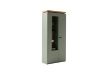 Stauraumvitrine >MONIZ< 2 Türen, LED, in Salbei grün / Eichenfarben Dekor - 88x197x38 (BxHxT)