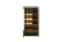 Stauraumvitrine >MONIZ< 2 Türen, LED, in Salbei grün / Eichenfarben Dekor - 88x197x38 (BxHxT)