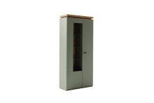 Stauraumvitrine >MONIZ< 2 Türen, LED, in Salbei grün / Eichenfarben Dekor - 88x197x38 (BxHxT)