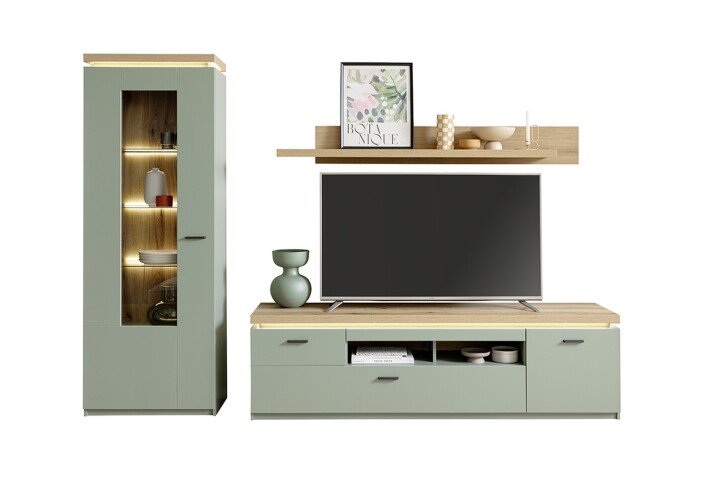 Wohnwand >MONIZ< (3-teilig) mit LED, Salbei grün/Eiche Evoke Dekor - 280x198x44 (BxHxT)