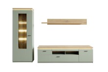 Wohnwand >MONIZ< (3-teilig) mit LED, Salbei grün/Eiche Evoke Dekor - 280x198x44 (BxHxT)