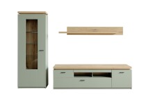 Wohnwand >MONIZ< (3-teilig) mit LED, Salbei grün/Eiche Evoke Dekor - 280x198x44 (BxHxT)