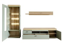 Wohnwand >MONIZ< (3-teilig) mit LED, Salbei grün/Eiche Evoke Dekor - 280x198x44 (BxHxT)