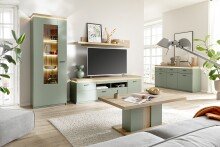 Wohnwand >MONIZ< (3-teilig) mit LED, Salbei grün/Eiche Evoke Dekor - 280x198x44 (BxHxT)