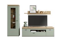 Wohnwand >MONIZ< (3-teilig) mit LED, Salbei grün/Eiche Evoke Dekor - 280x198x44 (BxHxT)