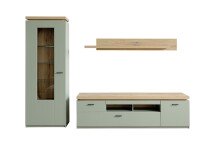 Wohnwand >MONIZ< (3-teilig) mit LED, Salbei grün/Eiche Evoke Dekor - 280x198x44 (BxHxT)