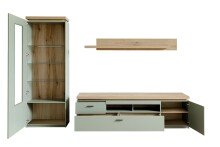 Wohnwand >MONIZ< (3-teilig) mit LED, Salbei grün/Eiche Evoke Dekor - 280x198x44 (BxHxT)