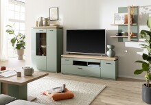 Wohnwand >MONIZ< (3-teilig) mit LED, Salbei grün/Eiche Evoke Dekor - 324x198x44 (BxHxT)