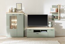 Wohnwand >MONIZ< (3-teilig) mit LED, Salbei grün/Eiche Evoke Dekor - 324x198x44 (BxHxT)