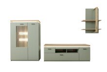 Wohnwand >MONIZ< (3-teilig) mit LED, Salbei grün/Eiche Evoke Dekor - 324x198x44 (BxHxT)