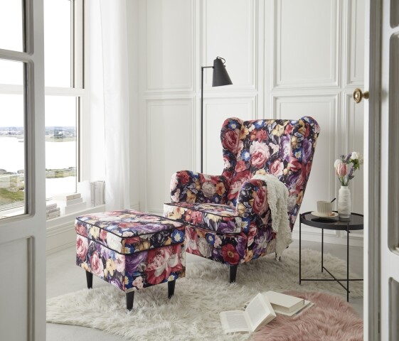 Ohrensessel >LAUREL< (Sessel mit Hocker) in Flower