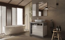 Badezimmerspiegelschrank >HAMBURG< in Weiß / Beton-Optik - 92x75x18 (BxHxT)