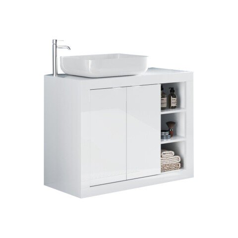 Waschbeckenunterschrank >BASIC< mit Keramik-Becken, in weiß hochglanz - 92x90x47 (BxHxT)