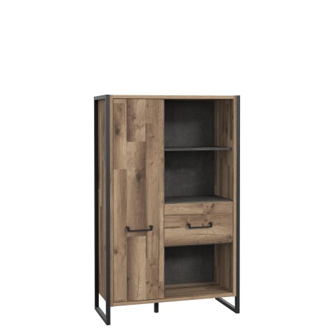 Hochkommode >HUD< 1 Tür, 1 Schub, Stabeiche Dekor / Betonoptik - 94,1x151,5x41,5 (BxHxT)