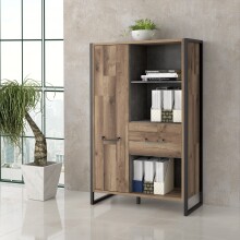 Hochkommode >HUD< 1 Tür, 1 Schub, Stabeiche Dekor / Betonoptik - 94,1x151,5x41,5 (BxHxT)