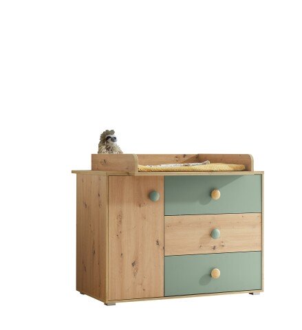 Wickelkommode >Birta< 3 Schübe, 1 Tür, Artisan Eiche Dekor /Salbei - 120x99,3x77,6cm (BxHxT)