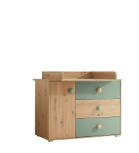 Wickelkommode >Birta< 3 Schübe, 1 Tür, Artisan Eiche Dekor /Salbei - 120x99,3x77,6cm (BxHxT)