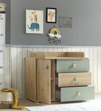 Wickelkommode >Birta< 3 Schübe, 1 Tür, Artisan Eiche Dekor /Salbei - 120x99,3x77,6cm (BxHxT)