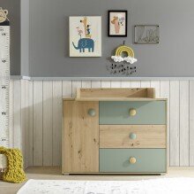 Wickelkommode >Birta< 3 Schübe, 1 Tür, Artisan Eiche Dekor /Salbei - 120x99,3x77,6cm (BxHxT)