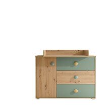 Wickelkommode >Birta< 3 Schübe, 1 Tür, Artisan Eiche Dekor /Salbei - 120x99,3x77,6cm (BxHxT)