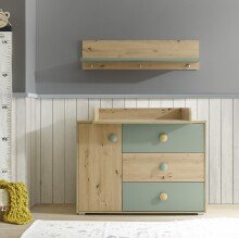 Wandboard >Birta< 3 Haken, Ablage, Artisan Eiche Dekor / Salbei - 120x30x25,5cm (BxHxT)