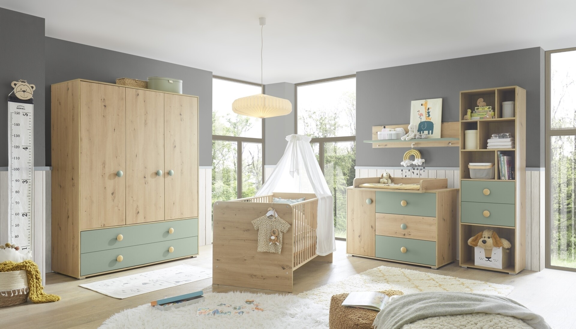 Babyzimmer-Komplettset >Birta< (5-teilig) Eiche / Salbei, Schrank, Be, 1.438,95 €