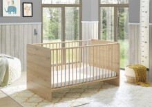 Babyzimmer-Komplettset >Birta< (5-teilig) Eiche / Salbei, Schrank, Bett, Kommode, Regal, Board