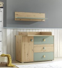 Babyzimmer-Komplettset >Birta< (5-teilig) Eiche / Salbei, Schrank, Bett, Kommode, Regal, Board