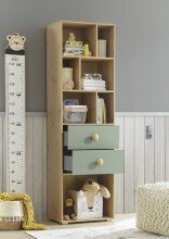Babyzimmer-Komplettset >Birta< (5-teilig) Eiche / Salbei, Schrank, Bett, Kommode, Regal, Board