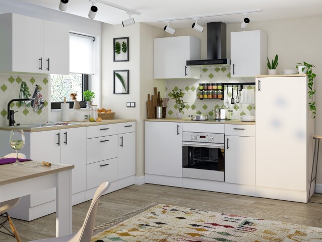 Küchen-Set >KIRA< in Weiß glänzend / Mattweiß / Canadian Eiche Dekor