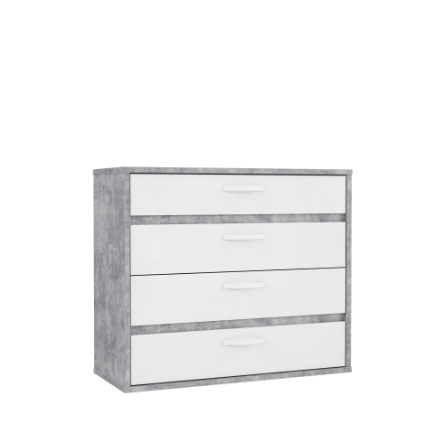Kommode >CANMORE< 4 Schübe, Betonoptik / Weiss Hochglanz - 99,5x86,3x41,5cm (BxHxT)