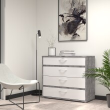 Kommode >CANMORE< 4 Schübe, Betonoptik / Weiss Hochglanz - 99,5x86,3x41,5cm (BxHxT)