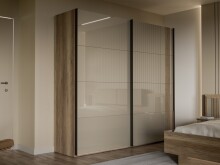 Schiebetürenschrank >SAVONA< 2 Böden, Beige Glanz  / Eiche Antik Dekor - 220,1x210,5x61,2cm (BxHxT)