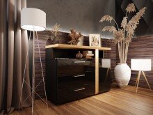 Sideboard >TULUZA BLACK< LED, Catania Eiche Dekor/Schwarz Hochglanz - 118,5x85,9x43,4cm (BxHxT)