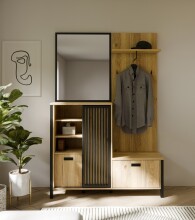 Kompaktgarderobe >JYTANA< mit Spiegel, Mauvella Eiche Dekor / schwarz - 132x200,3x40,2cm (BxHxT)