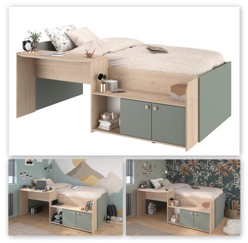 Hochbett >Jade< Liegefläche 90x200cm, Grün - Eiche Dekor - 203x136x79cm (LxBxH)