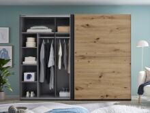 Kleiderschrank >Mesio< 9 Böden, 3 Stangen, Graphit / Artisan Eiche Dekor - 270x210x60 (BxHxT)