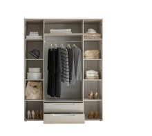 Drehtürenschrank >Jenna< 9 Böden, 1 Stange, 2 Schübe, Champagner / Spiegel - 160x208x57 (BxHxT)