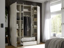 Drehtürenschrank >Jenna< 9 Böden, 1 Stange, 2 Schübe, Champagner / Spiegel - 160x208x57 (BxHxT)